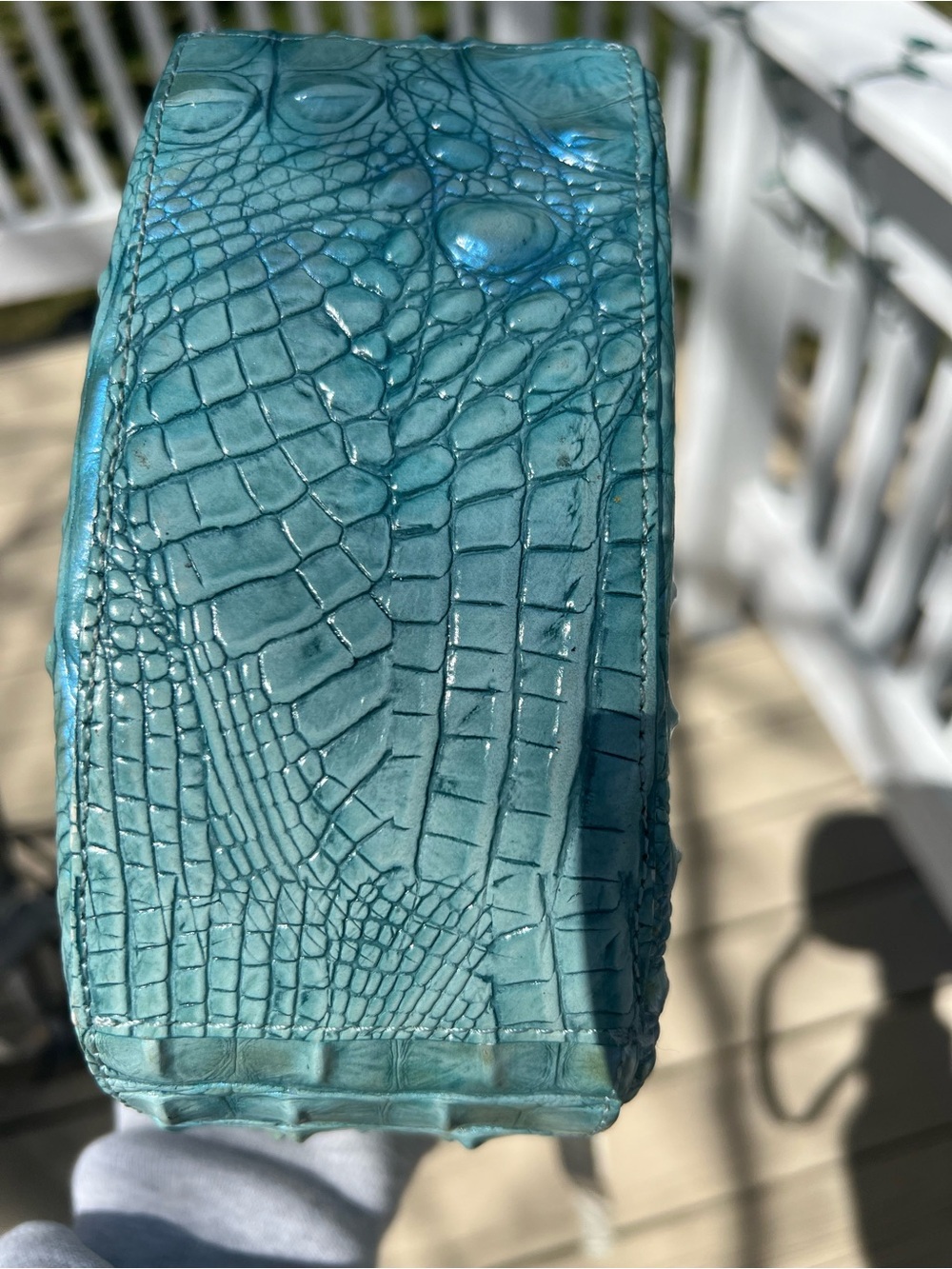 Brahmin Mini Sonny Turquoise Croc-Embossed Crossbody with White and Navy Trim - Picture 4 of 9